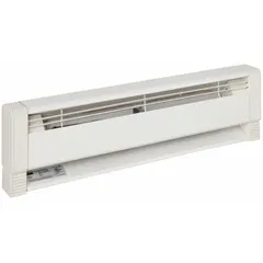 Commercial-grade oil-filled electric baseboard heater with conventional white housing. Operates at 208/240V AC and provides dual wattage output of 375W or 500W. Thermostat not included; requires external thermostat. Suitable for supplemental or primary heating in commercial spaces where quiet, convection-based warmth is needed.