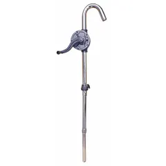 This rotary-crank drum pump features a cast iron housing and Buna-N seal material. It delivers 16 oz per stroke and includes a spout. Designed for transferring fluids from drums or barrels in industrial settings.
