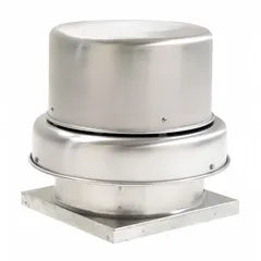 Direct-drive clean air fan with an 11-inch wheel delivering 864 cfm at 115V AC. Includes a drive package and is assembled with a square base for roof mounting. Features an open-air-over motor and single-speed operation. Suitable for general ventilation in low-static-pressure applications.