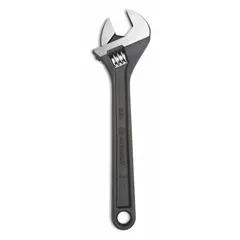 This 12-inch automatic locking adjustable wrench features a black oxide finish and a 1 1/2-inch jaw capacity. It is constructed from alloy steel for strength and corrosion resistance. Suitable for gripping and turning fasteners in maintenance, plumbing, and mechanical tasks.
