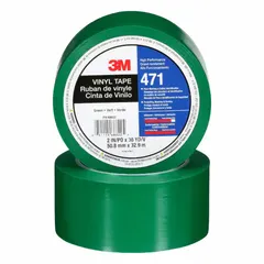 Solid green vinyl tape, 2 inches wide by 108 feet long, with a thickness of 5.2 mil. Designed for marking aisles, hazards, and work areas in industrial facilities. The vinyl backing provides durability for general purpose floor delineation without a printed legend.