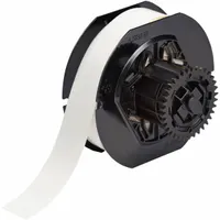 Continuous vinyl label roll, 3/8 in wide by 85 ft long, in white. Features a removable and repositionable adhesive for temporary or adjustable marking. Compatible with i3300 printer series. Used for industrial identification and labeling on equipment, cables, and panels
