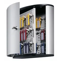 Wall-mounted key cabinet with a single key lock, constructed of brushed aluminum with a gray finish. Holds up to 36 keys and includes key tags and mounting hardware. Suitable for organizing and securing key access in commercial or institutional settings.