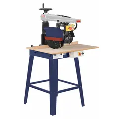 Radial arm saw for crosscutting, ripping, and mitering wood and similar materials. Operates on 115 V AC. Miter angle adjustable from 0° to 45°.