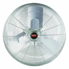 This Dayton wall-mount fan is designed for washdown environments, featuring a 30-inch blade and a 1/2 hp motor. It operates on 115/230V AC with a single speed and non-oscillating airflow. The bracket-mounted unit is suitable for industrial ventilation in areas requiring moisture resistance.