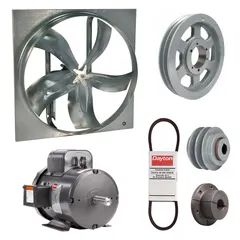Unassembled belt-drive panel exhaust fan with drive package. Features a 60-inch blade, 3 hp motor, and 44,302 cfm airflow. Operates on 115/230V AC single-phase power. Motor is totally enclosed fan-cooled with Class F insulation. Frame is zinc-plated steel. Suitable for high-volume air movement in large spaces such as warehouses and factories. Supplied without intake guards.