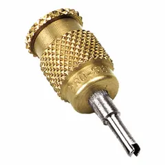 The PRO-SET TLVC1 Valve Core Tool Kit is designed for servicing refrigeration systems. It features a brass body and is used to install, remove, or replace valve cores in HVAC and refrigeration equipment.