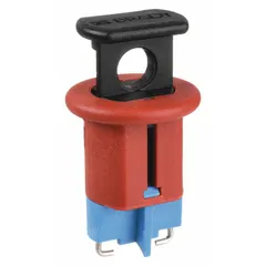 Pin-in type lockout device for 120/277V AC mini circuit breakers. Designed for use with multi-pole breakers. Supplied in a 6-pack. Does not include a cable tie slot. Used to secure circuit breakers in the off position during maintenance or lockout/tagout procedures.