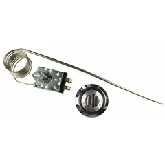 Electric thermostat for cooking equipment, with a 100 to 450 dial and 60-inch capillary. Temperature range 100°F to 450°F. Input voltage 120V AC/277V AC. Suitable for ovens, fryers, and griddles.