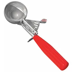 CRESTWARE D24 thumb disher with #24 scoop size, 1.8 oz capacity, and 2-inch bowl diameter. Constructed from 18-8 stainless steel and plastic. NSF Certified. Used for portioning food items such as dough, batter, or ice cream in commercial food service operations.