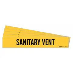 Yellow adhesive pipe marker with black legend text reading 'Sanitary Vent'. Designed to fit pipe outer diameters of 8 inches and larger. Pack of 5 markers without arrows. Used for identifying sanitary vent lines in plumbing and HVAC systems.