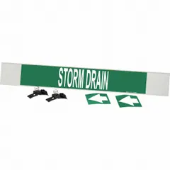 Green fiberglass carrier-mounted pipe marker with white legend reading 'Storm Drain' and directional arrows. Fits pipe outer diameters of 8 inches and larger. Used to identify storm drain piping in industrial and commercial facilities, aiding in pipe content recognition and flow direction indication.