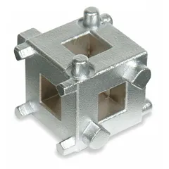 Steel disc brake piston tool for retracting pistons during brake pad replacement. Designed for use on import, Ford, Chrysler, and some GM models. Applies even pressure to prevent caliper damage.