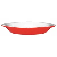 Oven-safe vitrified stoneware dish in European White/Red. Overall dimensions: 8 1/2 in length, 4 1/8 in width, 1 1/4 in depth. Used for preparing and serving Welsh rarebit, au gratin dishes, and individual casseroles in commercial foodservice settings