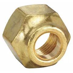 Brass flared fitting nut for 45-degree flare tube connections, 5/8 in OD fitting size. Complies with SAE J512 standards. Supplied in a 10-pack. Used in hydraulic, fuel, and refrigeration systems requiring flared tube fittings.