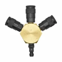 This hex-shaped aluminum block manifold is designed for distributing air or fluid in pneumatic and hydraulic systems. It features a 1/4 in quick-disconnect insert for easy connection and disconnection. Common applications include industrial automation, material handling, and process control where inline manifold distribution is required