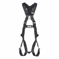 This MSA vest-style harness is rated for arc flash protection and general fall arrest. It features a quick-connect/tongue buckle, steel D-rings, and friction adjusters. The harness includes hip attachment points and supports workers up to 400 lb. Suitable for industrial environments where arc flash hazards are present
