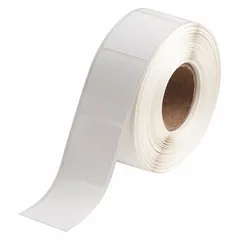 White rectangle precut label roll with two sizes: 1 3/4 in x 1 1/2 in and 1 1/2 in x 1 3/4 in. Contains 900 labels designed for 8.0 mL vials or tubes. Requires J20-CMY ribbon and is compatible with BradyJET J2000 printer series. Used for labeling vials and tubes in laboratory or industrial environments.