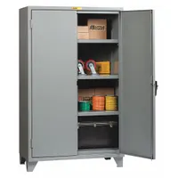 Welded steel cabinet with powder-coated gray finish, 12 ga panel thickness. Includes legs and three adjustable shelves. Swing handle with keyed lock secures contents. Suitable for organized storage of tools, parts, and equipment in warehouses, factories, and maintenance facilities