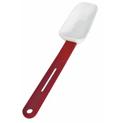 This CRESTWARE spatula features a 14-inch overall length with a 2 3/4-inch-wide silicone blade and a silicone handle. The flexible silicone blade is suitable for scraping, stirring, and folding tasks in commercial or home kitchens. It is not dishwasher safe and is not NSF certified.