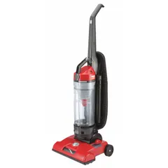 Corded upright vacuum with HEPA bagless filtration. Brushed motor delivers 60 cfm airflow. Features a 5-position head height adjustment and onboard hose. Suitable for cleaning hard floors and low-pile carpet in industrial and commercial settings.