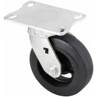 This medium-duty kingpinless plate caster features a swivel design with a 6-inch diameter by 2-inch wide black rubber wheel. Suitable for industrial carts, racks, and light machinery, the rubber tread provides floor protection and smooth maneuverability