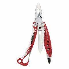 Compact multi-tool with fold-out pliers, featuring 7 tools and 7 functions. Constructed with stainless steel and a red finish. Closed length 4 inches, open length 6 inches. Suitable for everyday carry, outdoor tasks, and light repair work requiring cutting, gripping, and screwdriving.