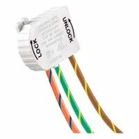 Snap-in wiring module with 90-degree angled design for compact installations. Rated 125V AC, 20A, 3-wire stranded configuration with 18-inch leads. Orange/Blue color. Suitable for control panels and machinery where space constraints require a right-angle connection