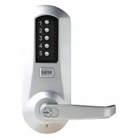Mechanical keyless access lockset with push-button entry, featuring a chrome finish and clutch lever style. Includes a replaceable core Sargent key override option. Suitable for commercial and institutional doors requiring secure, keyless access control