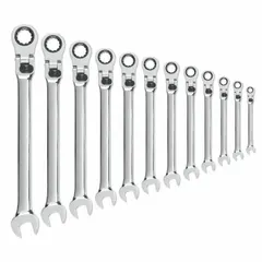 This 12-piece metric wrench set features a 12-point ratcheting box end for faster fastener turning without repositioning. The open end provides standard wrench functionality. Made from alloy steel with a full polish chrome finish, these wrenches resist corrosion and are easy to clean. Suitable for tightening and loosening metric fasteners in automotive, industrial, and mechanical applications.