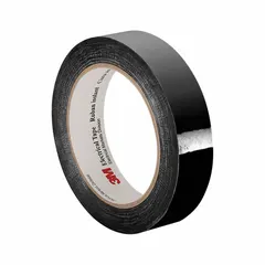 Polyester film electrical tape with acrylic adhesive, 2.5 mil thick, 0.5 inch wide, 72 yards long, black. Rated for 1350°F. Used for high-temperature electrical insulation, coil wrapping, transformer insulation, and wire harnessing in industrial environments.