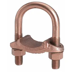 Copper U-bolt ground clamp for direct burial, accepting 2 in pipe and 2 in to 2-3/8 in rod with up to 1 in braid grounding wire. Used to bond pipe to rod in electrical grounding systems.