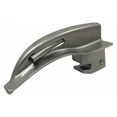 Reusable stainless steel laryngoscope blade with fiber optic illumination. Size 0 with 3 1/2 in overall length, silver finish. Used for direct laryngoscopy during endotracheal intubation, particularly in neonatal or pediatric patients.