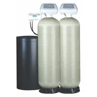 Three-tank water softener with a 1-inch NPT valve and 71,000 maximum grain capacity. Designed for continuous high-flow removal of hardness minerals in commercial facilities