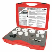 This 11-piece hole saw kit is designed for cutting holes in multi-materials such as wood, metal, and plastic. Each saw is made from high-speed steel with 7 teeth per inch, providing efficient cutting across various substrates. The maximum cutting depth is 38 mm. Suitable for applications in plumbing, electrical, and HVAC installations requiring clean, precise holes