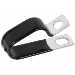 Double tube clamp for securing cables, tubes, or hoses up to 7/16 in outer diameter. Galvanized steel body with vinyl plastisol cushion provides corrosion resistance and vibration dampening. Suitable for industrial electrical, pneumatic, and hydraulic installations.