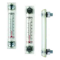 Closed high-pressure oil level gauge with M10 Metric Male connection, 5 in mounting centers, and 3 1/4 in sight height. Includes a thermometer for temperature monitoring. NBR seal material. Used for visual oil-level indication in hydraulic reservoirs, gearboxes, and industrial machinery under pressure.