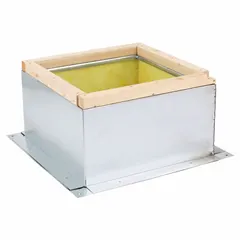 Fixed nonventilated square roof curb for downblast fans. Constructed of galvanized steel with a damper tray. Inside dimensions 50 x 50 in, outside dimensions 53 x 53 in. Designed for use with a 54-1/2 in square base. Complies with UL 705.