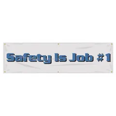 Indoor/outdoor banner made of poly sheeting, printed on one side. Nominal size 28 in x 96 in. Suitable for displaying safety messages in industrial facilities, warehouses, and construction sites.