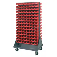 This vertical mobile louvered rack includes 240 red bins, each 4-1/8 in wide, 7-3/8 in deep, and 3 in high. The gray rack measures 36 in x 24 in x 72 in and is equipped with two rigid casters with hard rubber tread. Suitable for organized storage and mobility of small parts in industrial facilities, warehouses, and workshops