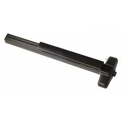 This rim-type exit device features a touchbar and night latch outside trim, finished in bronze. Designed for doors up to 3 ft wide, it is ADA compliant for accessible egress in commercial settings.