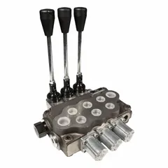 This four-way, three-position manual spool monoblock valve features a tandem center spool position and spring-centered return to neutral. It is used for directional control in hydraulic systems, directing fluid flow to actuators such as cylinders or motors.