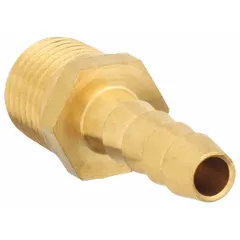 This brass barbed hydraulic hose fitting connects a -4 dash size hose to a male NPT port. It is used in fluid-power systems for industrial machinery, mobile equipment, and hydraulic circuits requiring a leak-resistant, reusable connection. The fitting features a hose barb on one end and NPT threads on the other, both male.