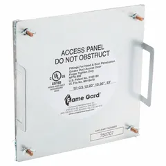 This fire-rated flat access door is constructed from 16-gauge steel and features thumbscrews for tool-free operation. It includes four mounting studs for secure installation in rectangular duct systems. With a maximum temperature rating of 2,300°F, it is suitable for high-heat exhaust and ventilation applications requiring periodic inspection, cleaning, or maintenance access.