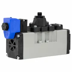 Four-way, three-position solenoid air control valve with 5599-1 double solenoid, pressure configuration. Operates on 24V DC with internal pilot and solenoid return. Used for pneumatic directional control in industrial automation systems to actuate cylinders and actuators.