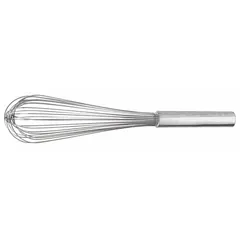This 12-inch whisk features a stainless steel handle with a silver finish. It is designed for mixing, blending, and aerating ingredients in food preparation. Not dishwasher safe and not NSF certified.