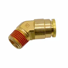 Brass adapter with push-to-connect port for 3/8 in OD tubing and 1/2 in male NPT thread. Pre-applied Vibra-Seal thread sealant ensures leak-resistant assembly. Used in pneumatic air brake systems and fluid power applications.