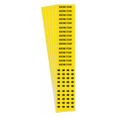 Yellow adhesive pipe marker with black legend reading 'Heating Steam' and arrows to indicate flow direction. Each marker fits pipes with an outside diameter of 3/4 inch and smaller. Pack contains 5 markers, each with 3 pipe markers per marker. Used for identifying heating steam lines in industrial piping systems.