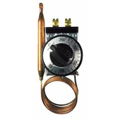 Electric thermostat with a 60°F to 250°F temperature range, 60 to 250 dial, and 48-inch capillary. Operates on 120V AC/277V AC input voltage. Suitable for temperature control in commercial cooking equipment such as ovens, fryers, and griddles.