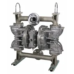 This Dayton air-operated double-diaphragm pump features an aluminum housing with a 2-inch flange connection incorporating NPT threads. It delivers a flow rate of 150 gpm and is fitted with Buna-N seat and check valve materials. Typical applications include fluid transfer in industrial settings such as chemical processing, water treatment, and general plant maintenance.